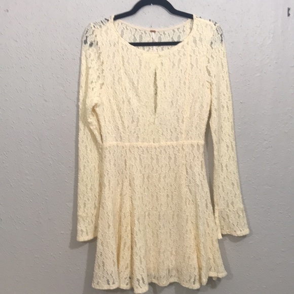 Free People Shearling Corded Lace Fit/Flare Cream Keyhole Front Dress size L - Picture 5 of 14